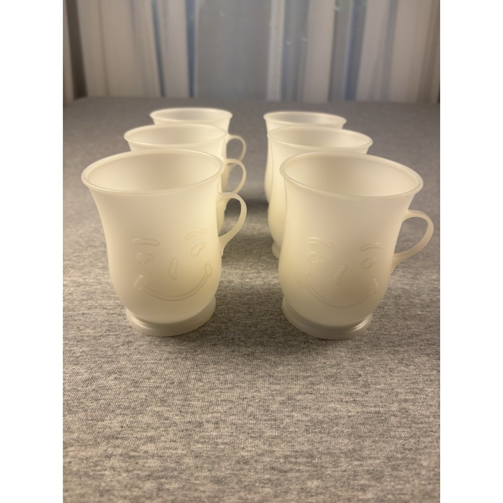 Lot of 6 Vintage 70s Kool-Aid Man Smiling Frosted White Plastic Handled Cup Mug - Picture 2 of 8